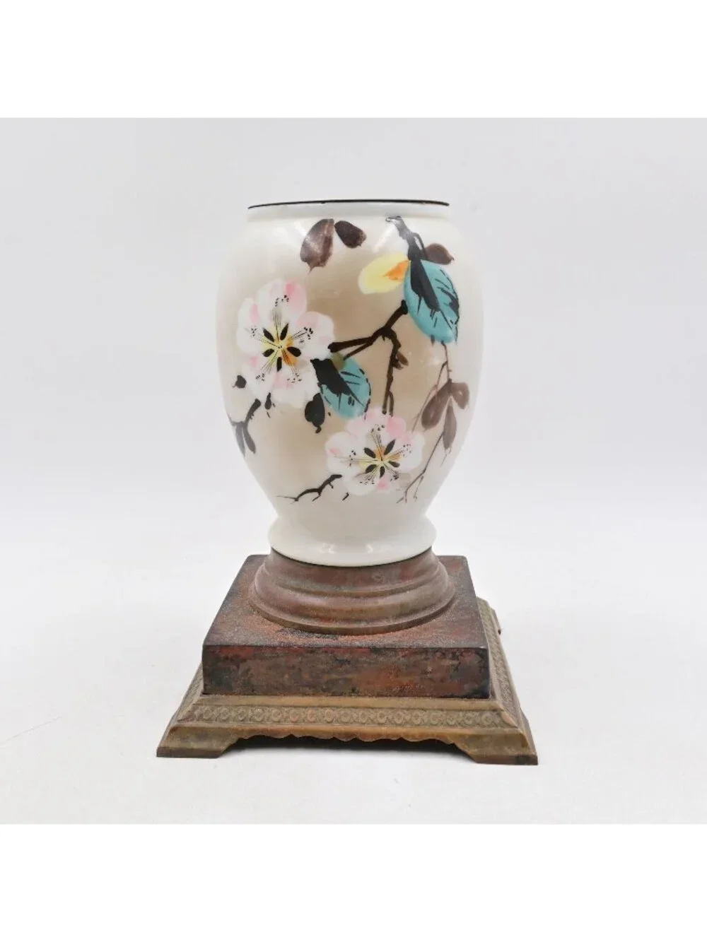 Porcelain Vase Cast Metal Base Hand Painted Cherry Blossom Vintage